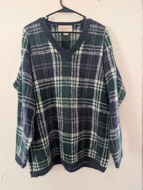 Vintage Christopher & Banks Green and Navy Plaid V-Neck Sweater 50% Mohair